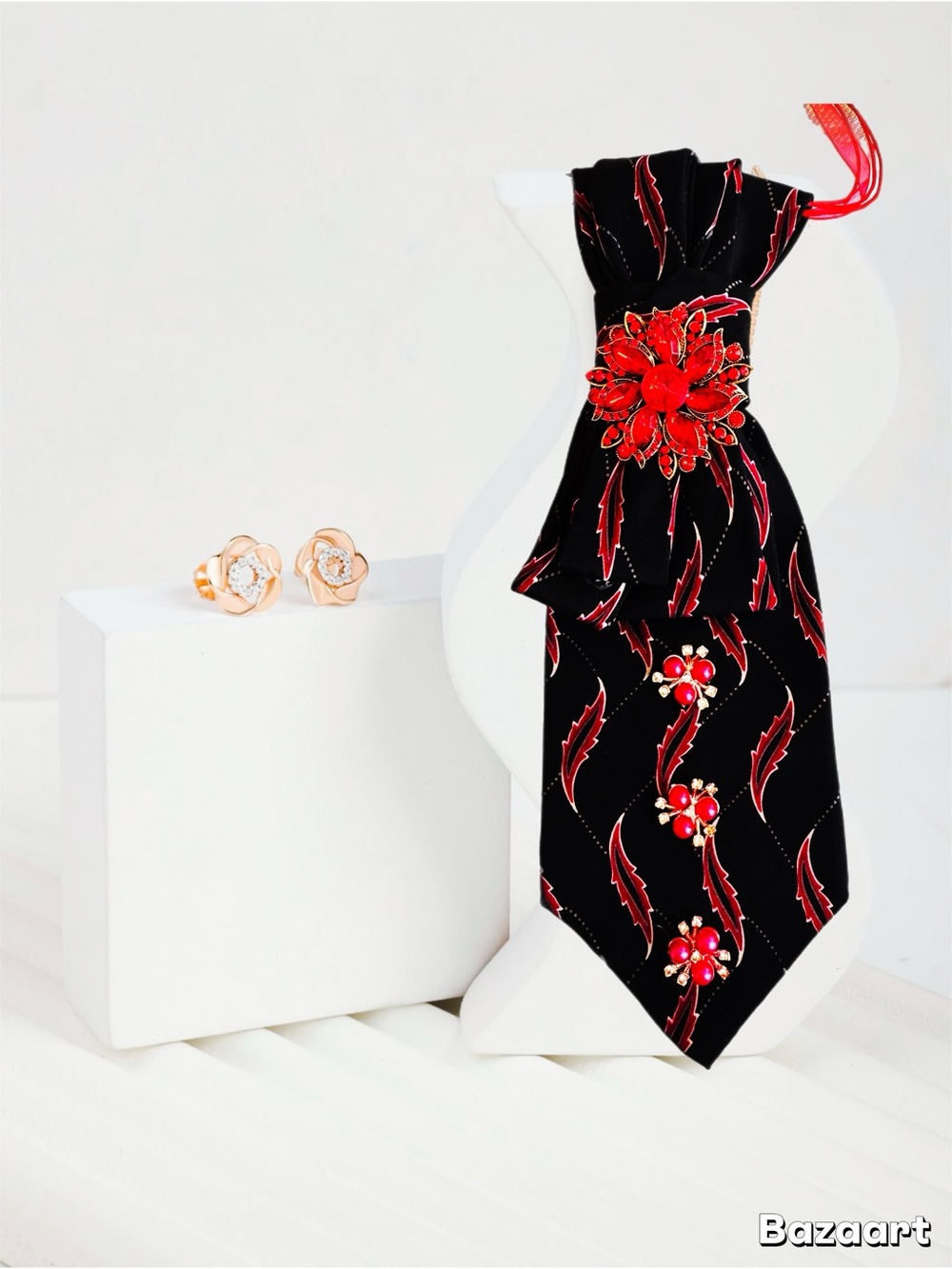 Black Tie-Style Necklace Accessory with Red Floral Embellishments